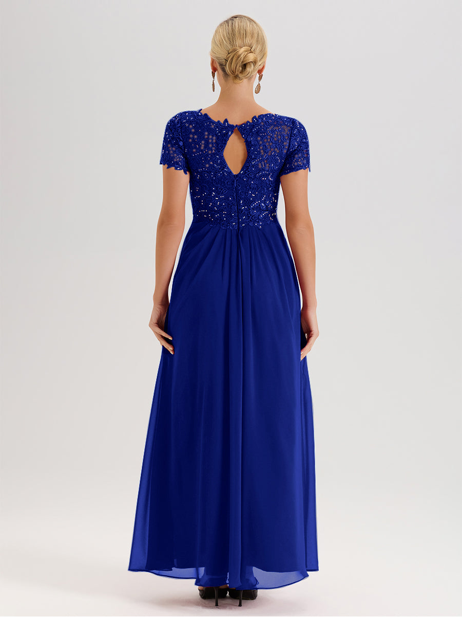 Cicinia Royal Blue Mother Of The Bride Dress Long Chiffon Lace A-line Short Sleeves