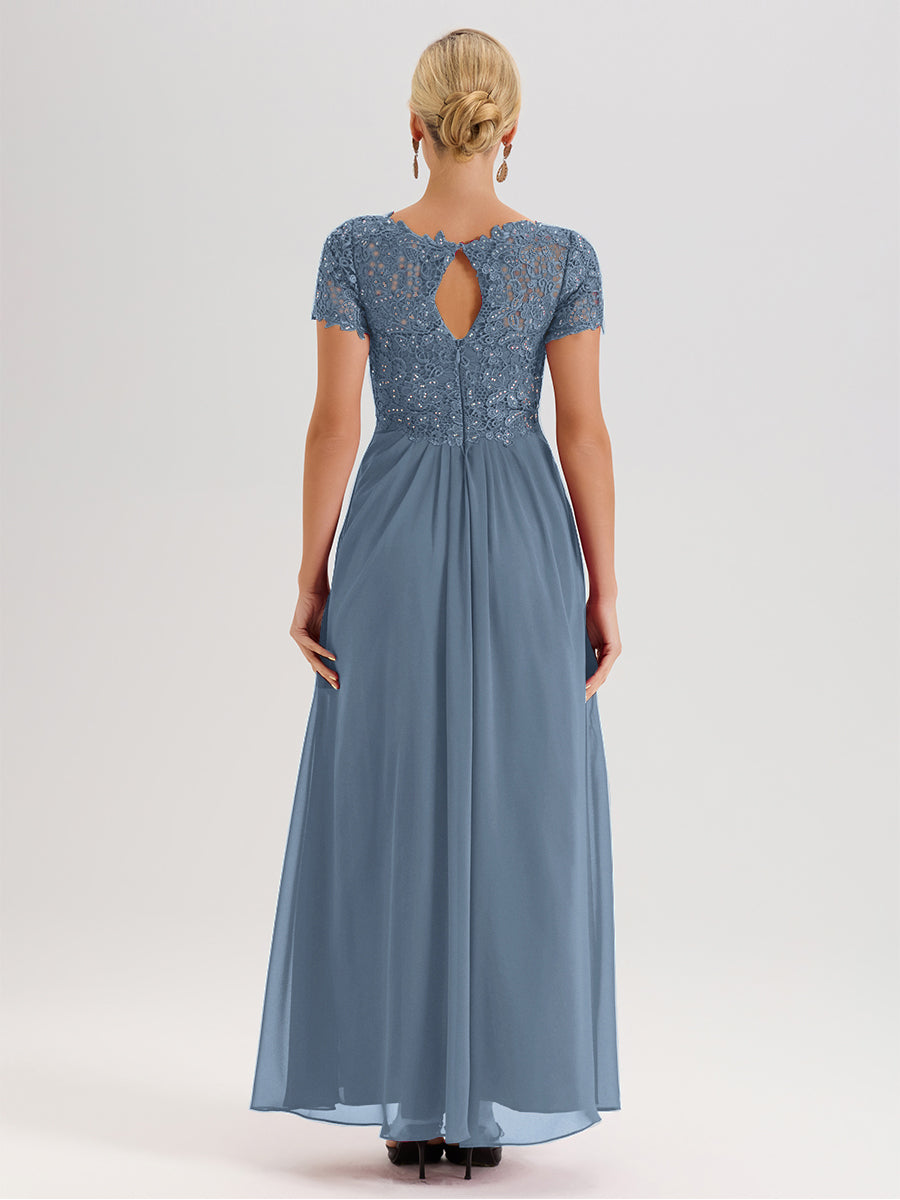 Cicinia Slate Blue Mother Of The Bride Dress Long Chiffon Lace A-line Short Sleeves