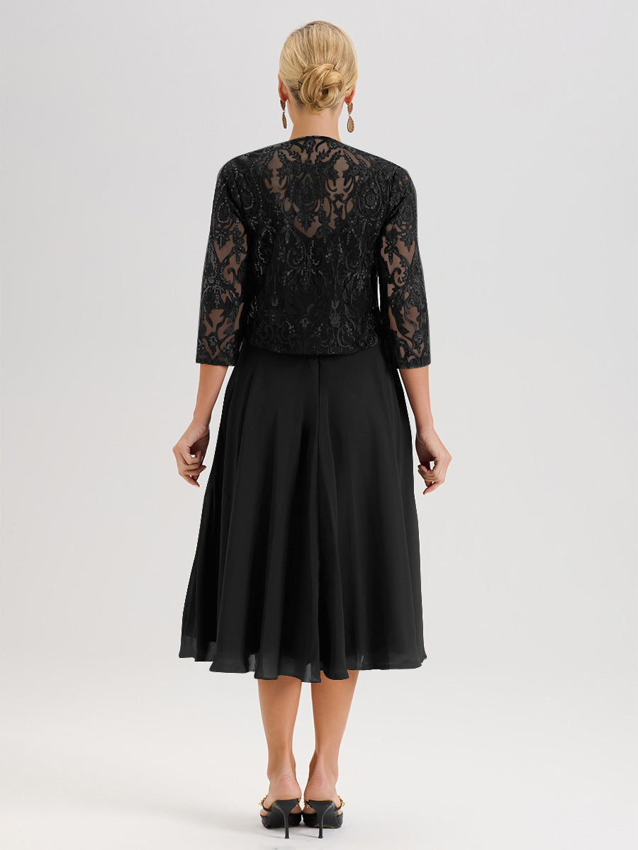 Cicinia Black Mother Of The Bride Dress With Jacket Long Chiffon Lace A-line Tea Length 2 Pieces