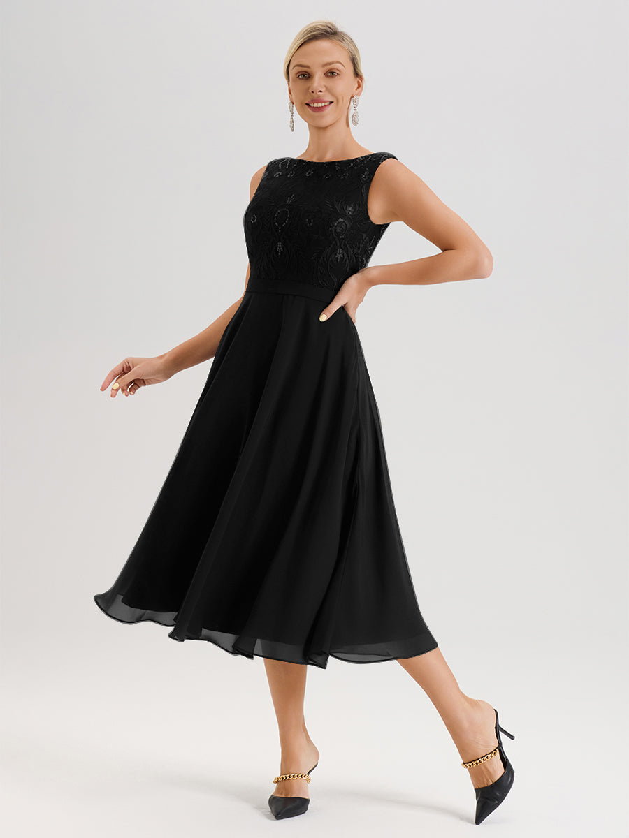 Cicinia Black Mother Of The Bride Dress With Jacket Long Chiffon Lace A-line Tea Length 2 Pieces