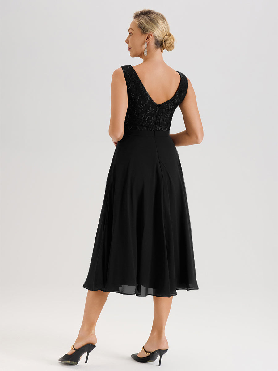 Cicinia Black Mother Of The Bride Dress With Jacket Long Chiffon Lace A-line Tea Length 2 Pieces