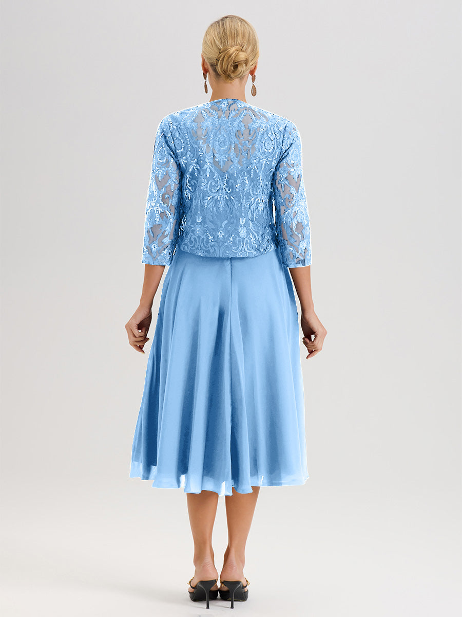 Cicinia Blue Mother Of The Bride Dress With Jacket Long Chiffon Lace A-line Tea Length 2 Pieces