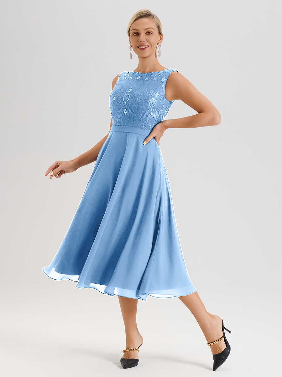 Cicinia Blue Mother Of The Bride Dress With Jacket Long Chiffon Lace A-line Tea Length 2 Pieces