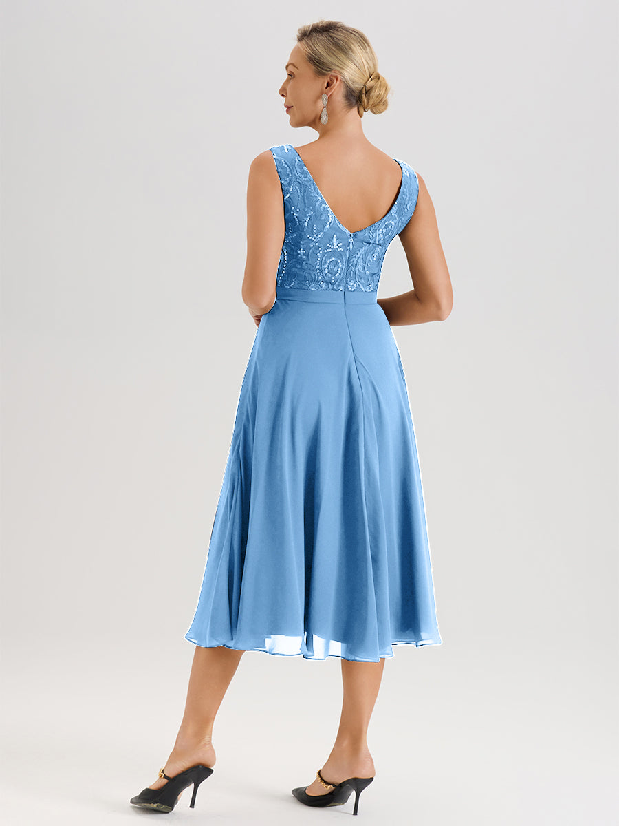 Cicinia Blue Mother Of The Bride Dress With Jacket Long Chiffon Lace A-line Tea Length 2 Pieces