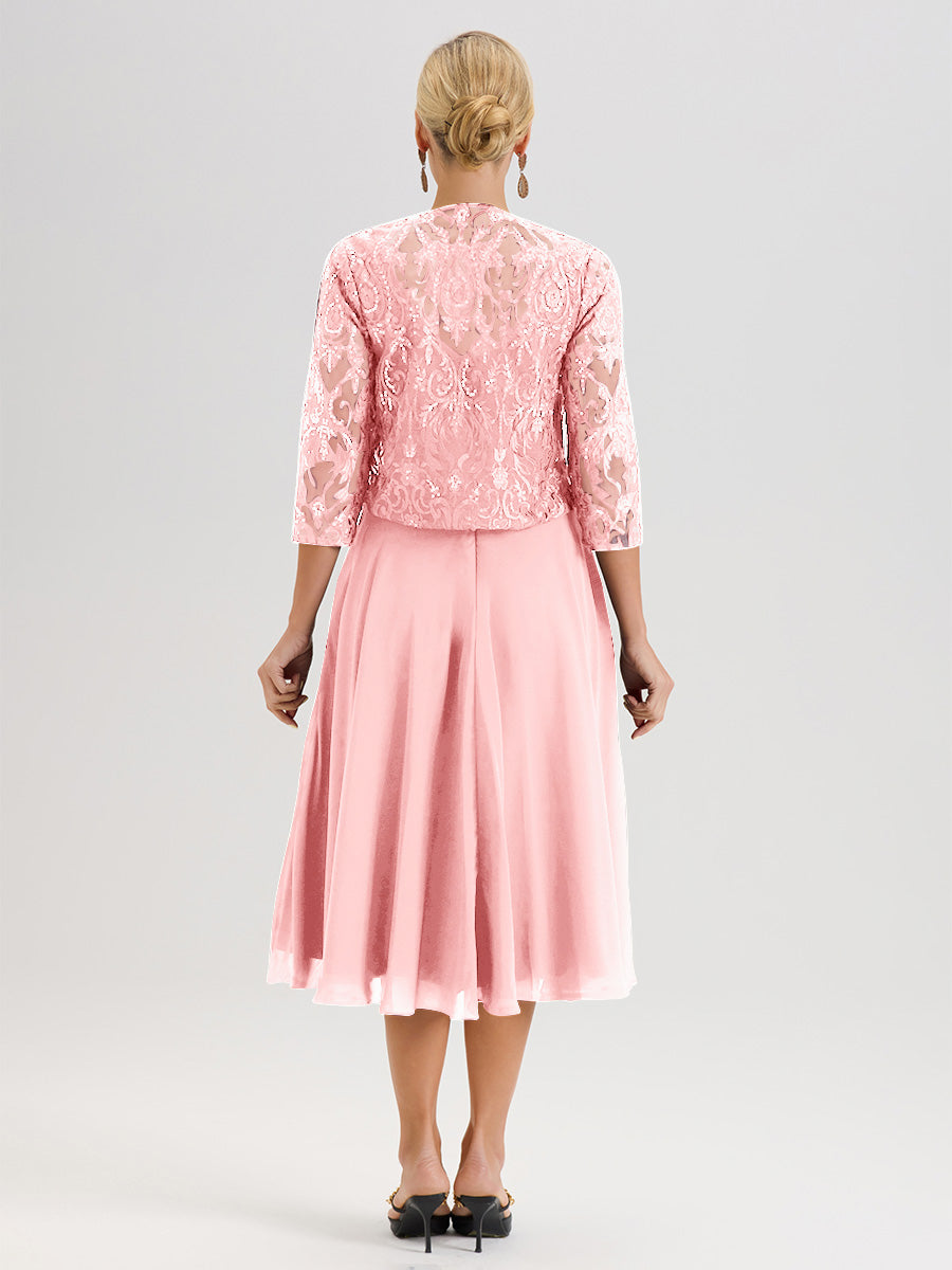 Cicinia Blush Mother Of The Bride Dress With Jacket Long Chiffon Lace A-line Tea Length 2 Pieces