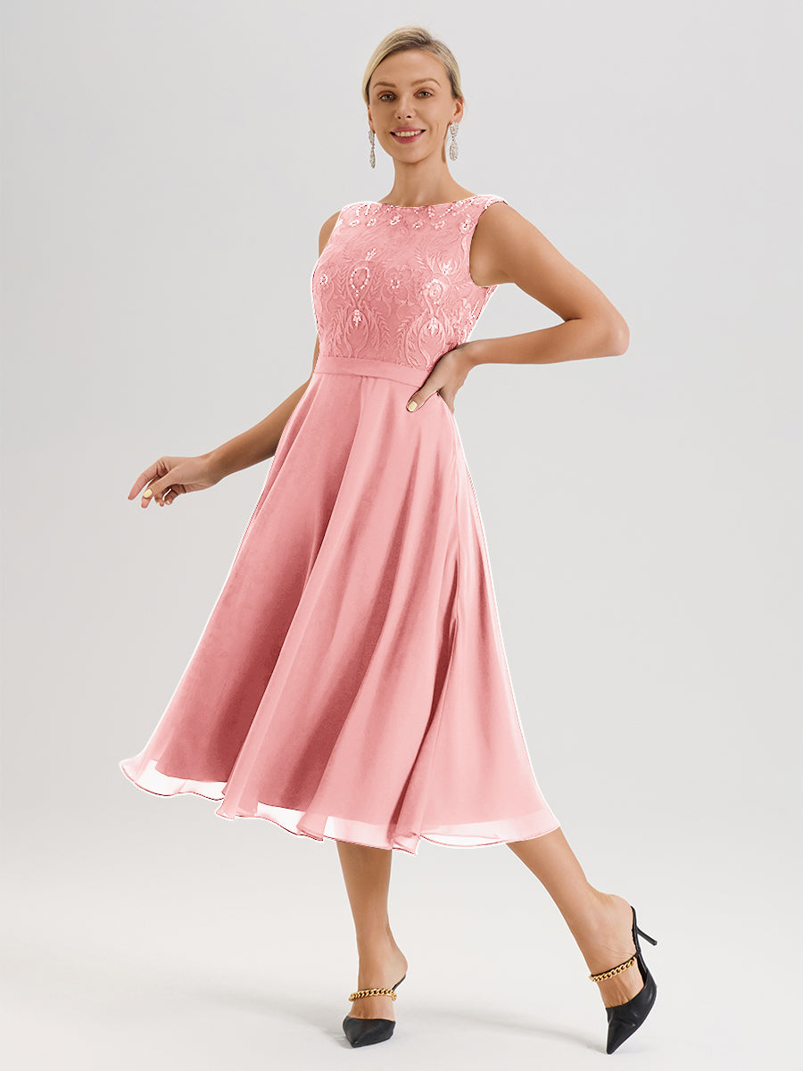 Cicinia Blush Mother Of The Bride Dress With Jacket Long Chiffon Lace A-line Tea Length 2 Pieces