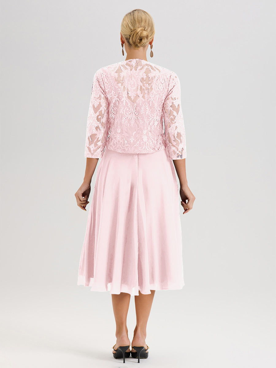 Cicinia Blushing Pink Mother Of The Bride Dress With Jacket Long Chiffon Lace A-line Tea Length 2 Pieces