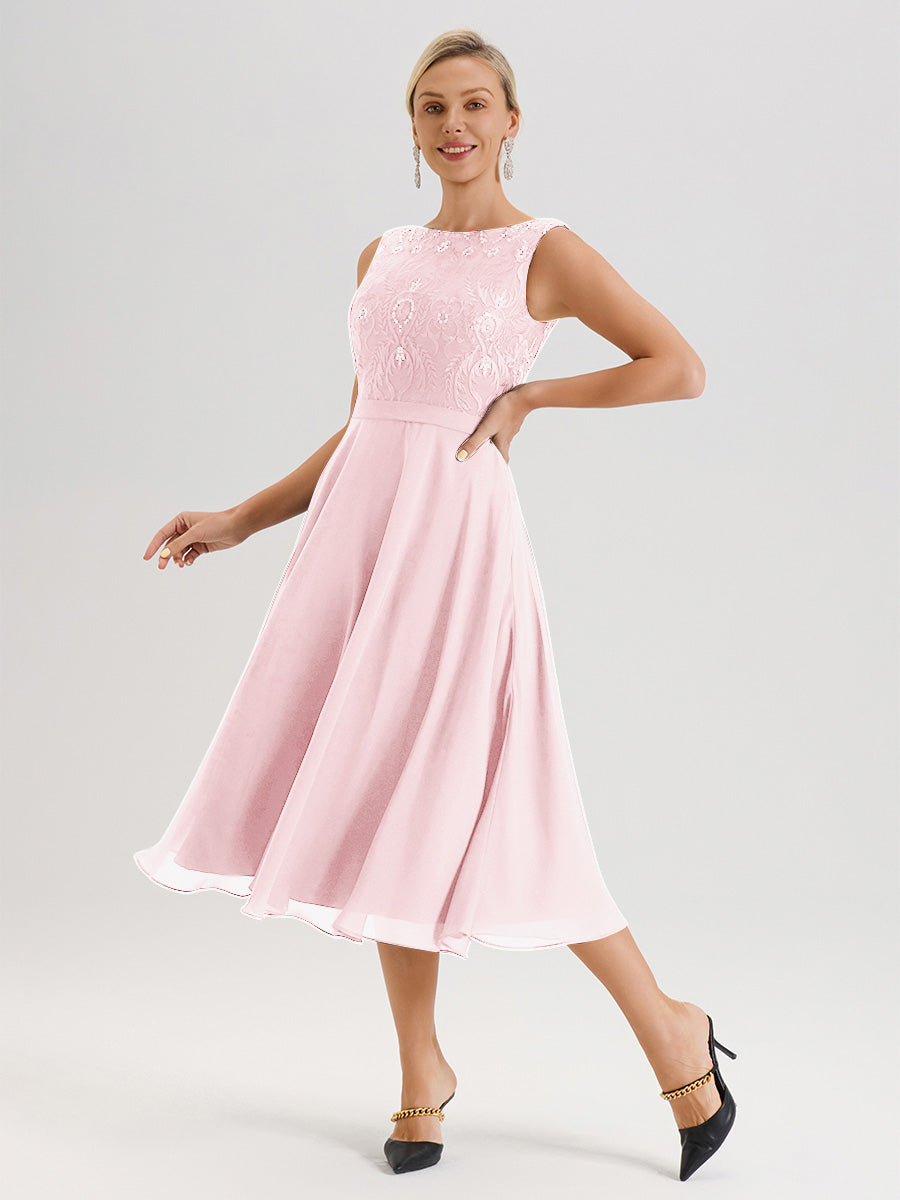 Cicinia Blushing Pink Mother Of The Bride Dress With Jacket Long Chiffon Lace A-line Tea Length 2 Pieces