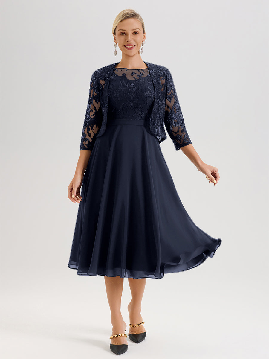 Cicinia Dark Navy Mother Of The Bride Dress With Jacket Long Chiffon Lace A-line Tea Length 2 Pieces Cicinia Dark Navy Mother Of The Bride Dress With Jacket Long Chiffon Lace A-line Tea Length 2 Pieces