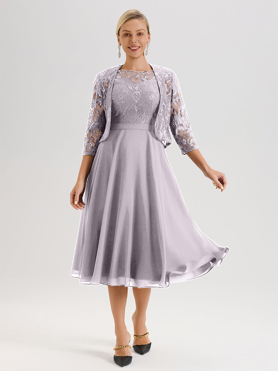 Cicinia Dusk Mother Of The Bride Dress With Jacket Long Chiffon Lace A-line Tea Length 2 Pieces Cicinia Dusk Mother Of The Bride Dress With Jacket Long Chiffon Lace A-line Tea Length 2 Pieces