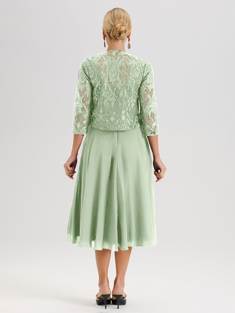 Cicinia Dusty Sage Mother Of The Bride Dress With Jacket Long Chiffon Lace A-line Tea Length 2 Pieces