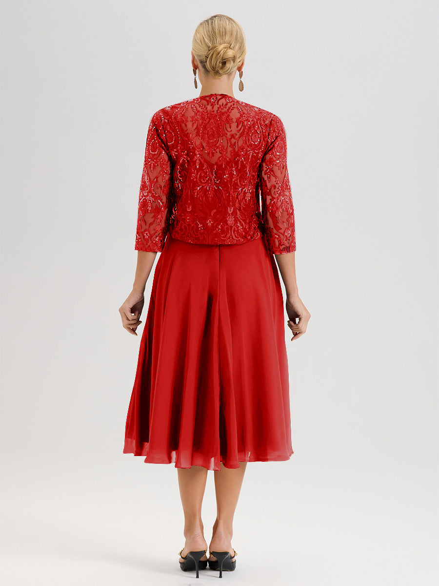 Cicinia Red Mother Of The Bride Dress With Jacket Long Chiffon Lace A-line Tea Length 2 Pieces