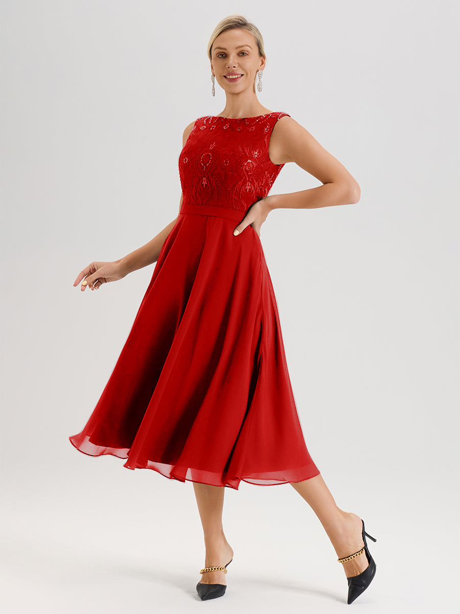 Cicinia Red Mother Of The Bride Dress With Jacket Long Chiffon Lace A-line Tea Length 2 Pieces