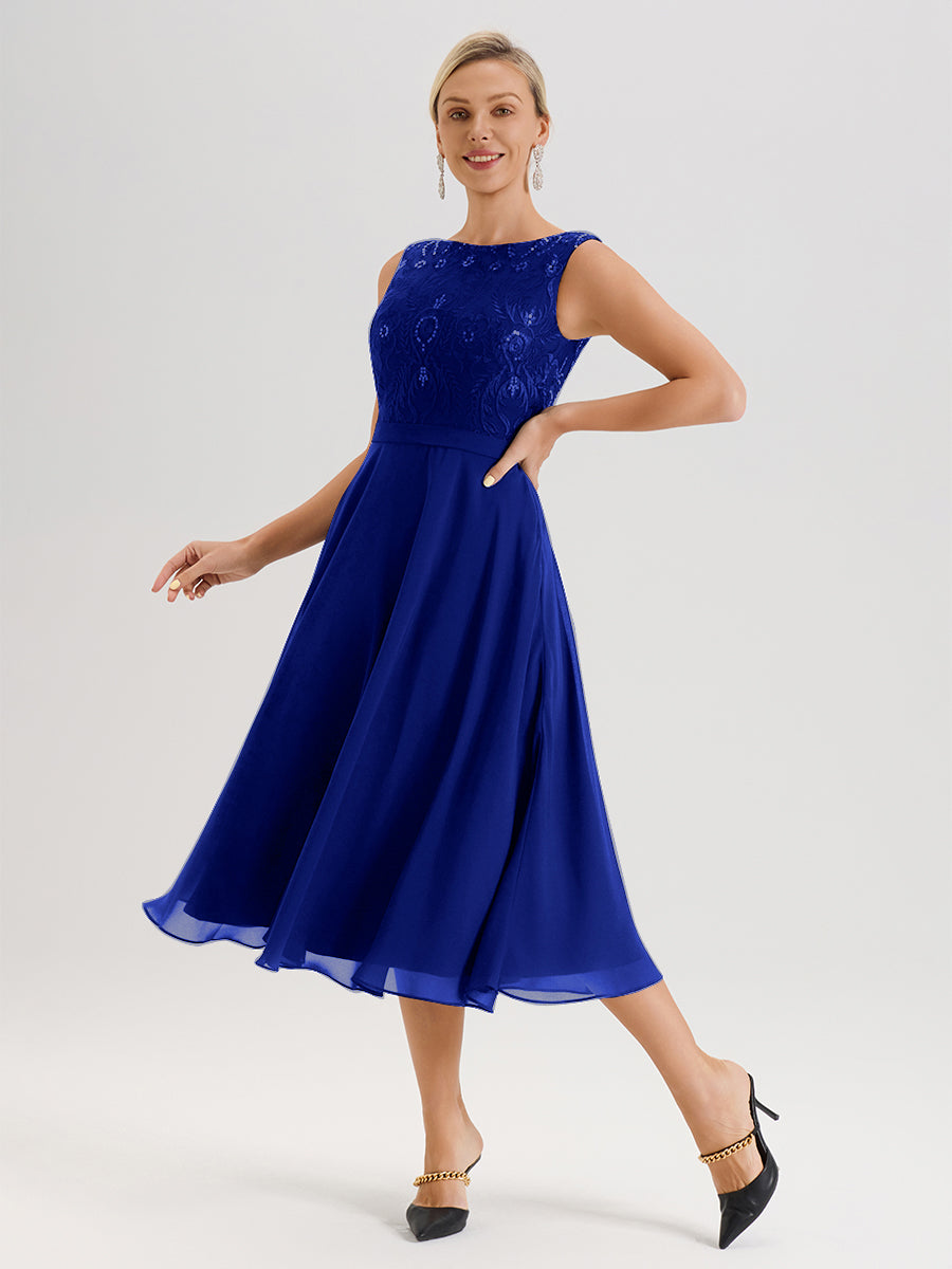 Cicinia Royal Blue Mother Of The Bride Dress With Jacket Long Chiffon Lace A-line Tea Length 2 Pieces