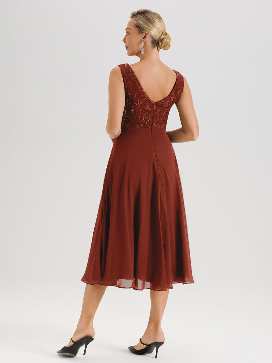 Cicinia Rust Mother Of The Bride Dress With Jacket Long Chiffon Lace A-line Tea Length 2 Pieces