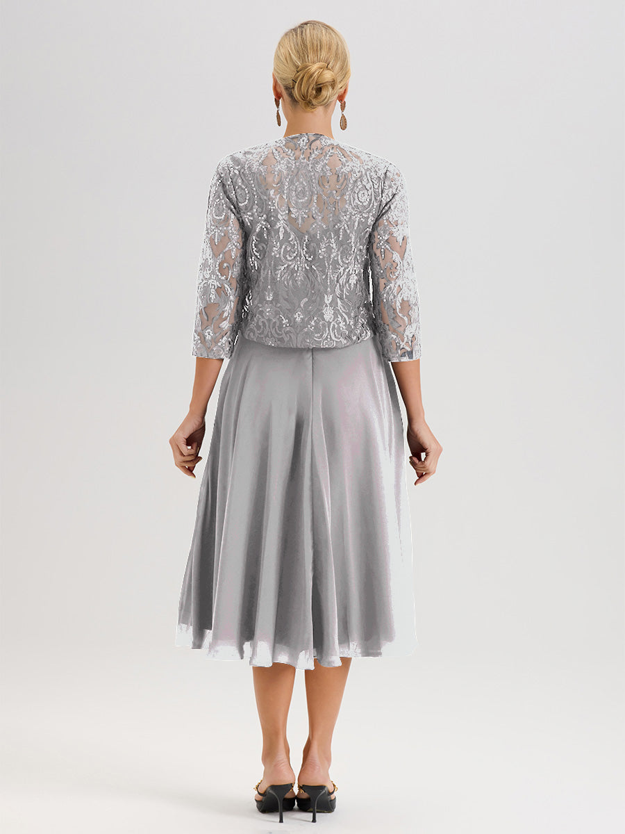 Cicinia Silver Mother Of The Bride Dress With Jacket Long Chiffon Lace A-line Tea Length 2 Pieces