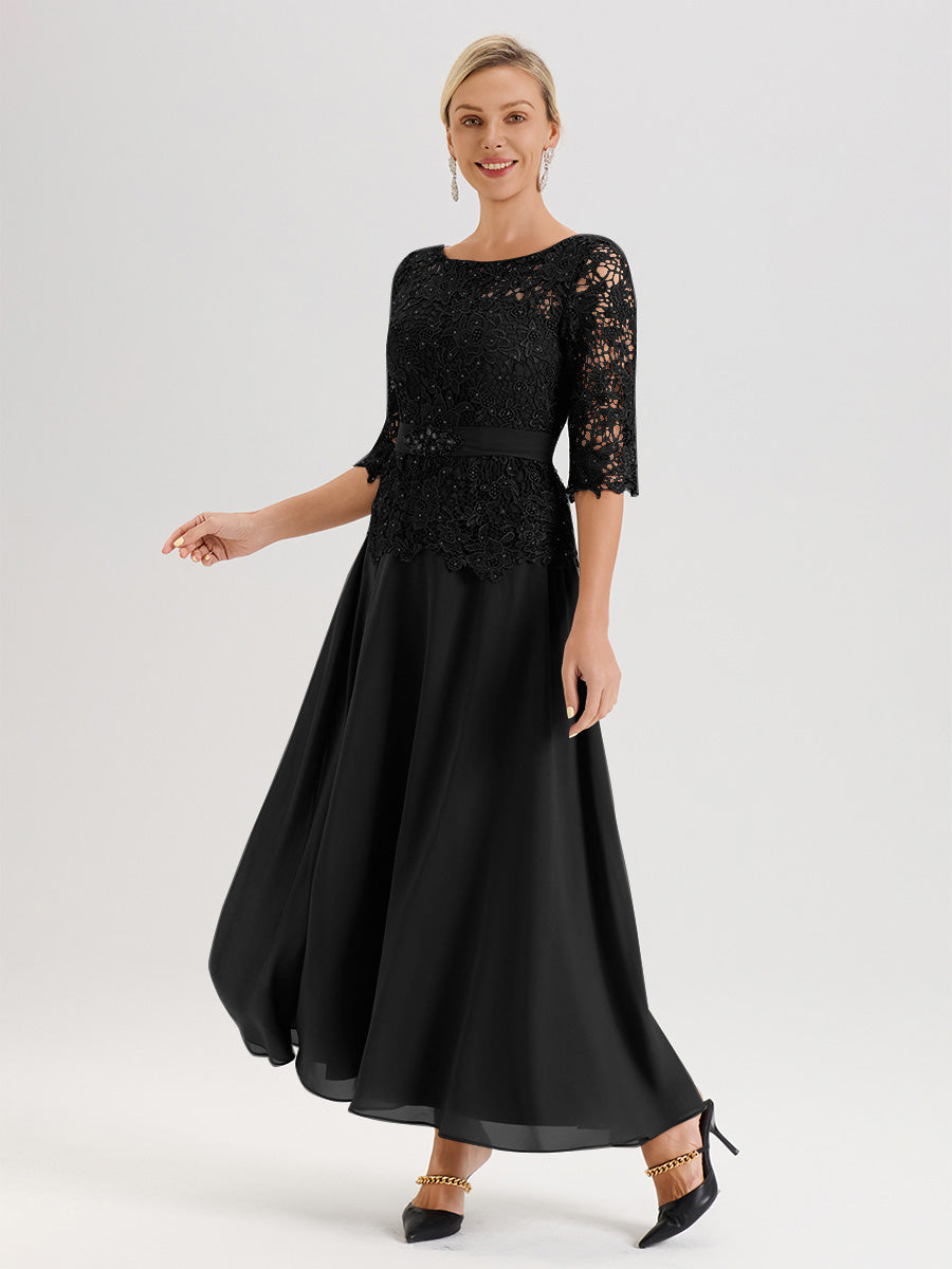 Cicinia Black Mother Of The Bride Dress Long Chiffon Lace A-line Silver Rhinestones