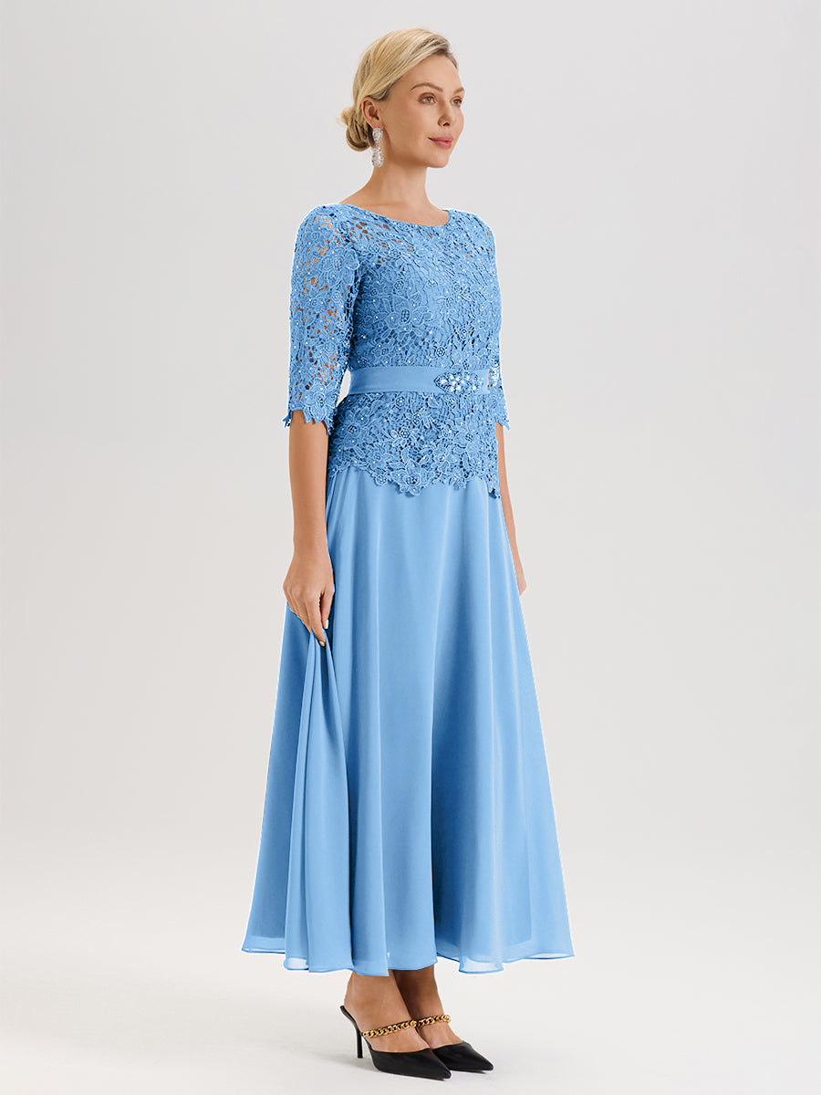 Cicinia Blue Mother Of The Bride Dress Long Chiffon Lace A-line Silver Rhinestones
