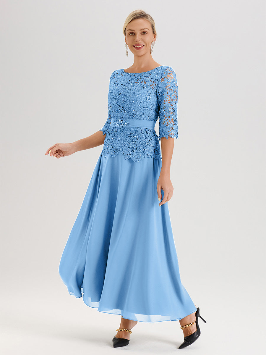 Cicinia Blue Mother Of The Bride Dress Long Chiffon Lace A-line Silver Rhinestones