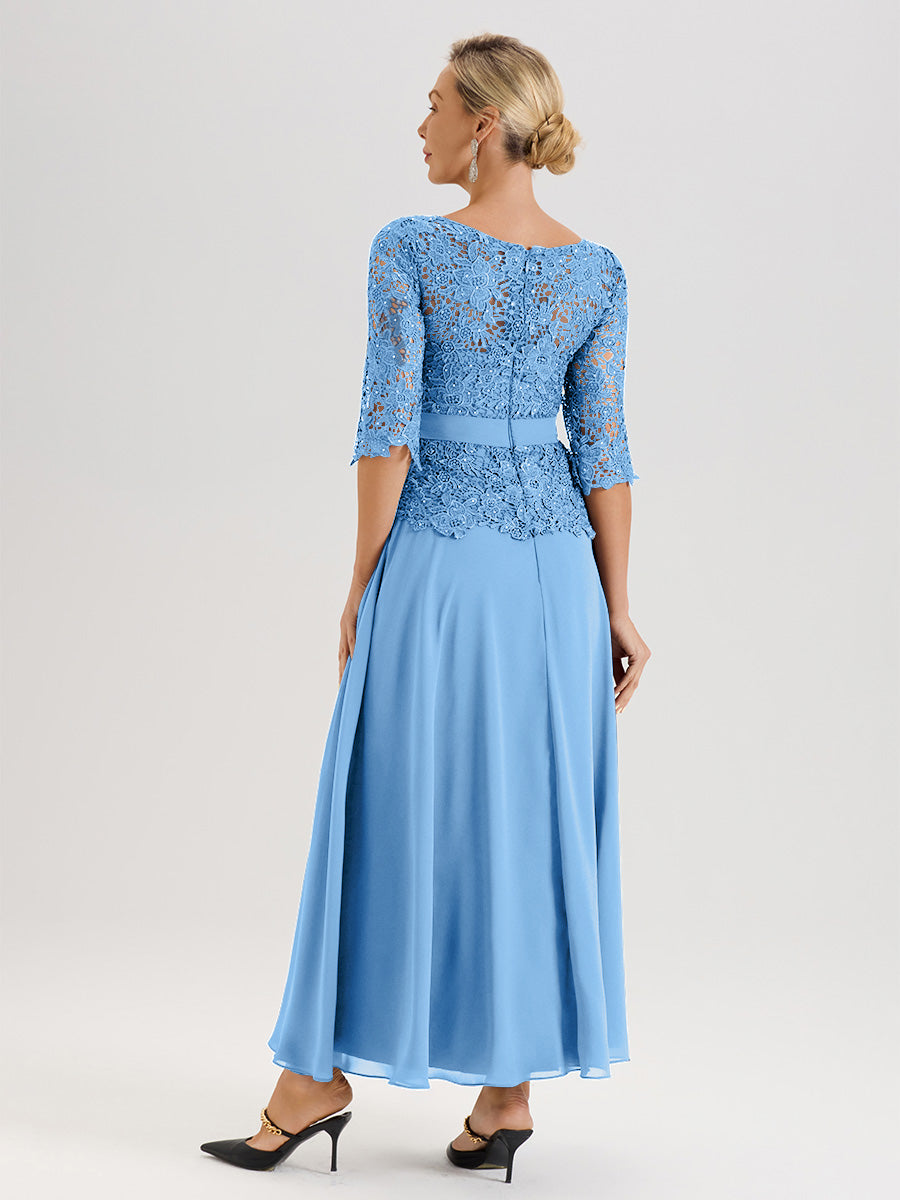 Cicinia Blue Mother Of The Bride Dress Long Chiffon Lace A-line Silver Rhinestones
