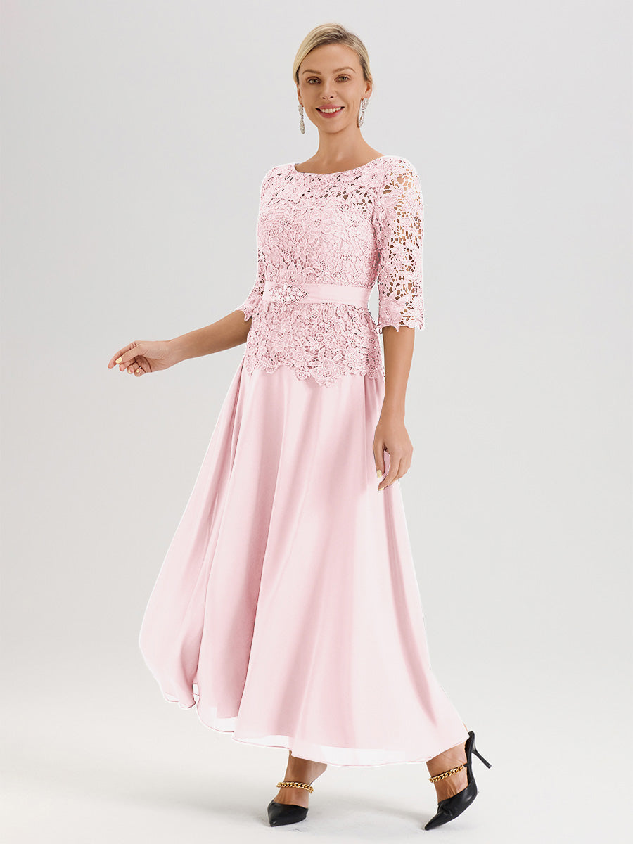Cicinia Blushing Pink Mother Of The Bride Dress Long Chiffon Lace A-line Silver Rhinestones