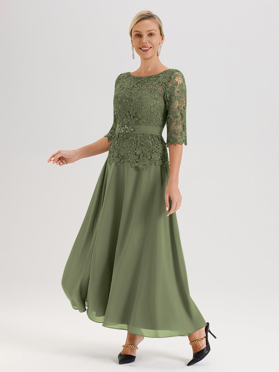 Cicinia Olive Green Mother Of The Bride Dress Long Chiffon Lace A-line Silver Rhinestones
