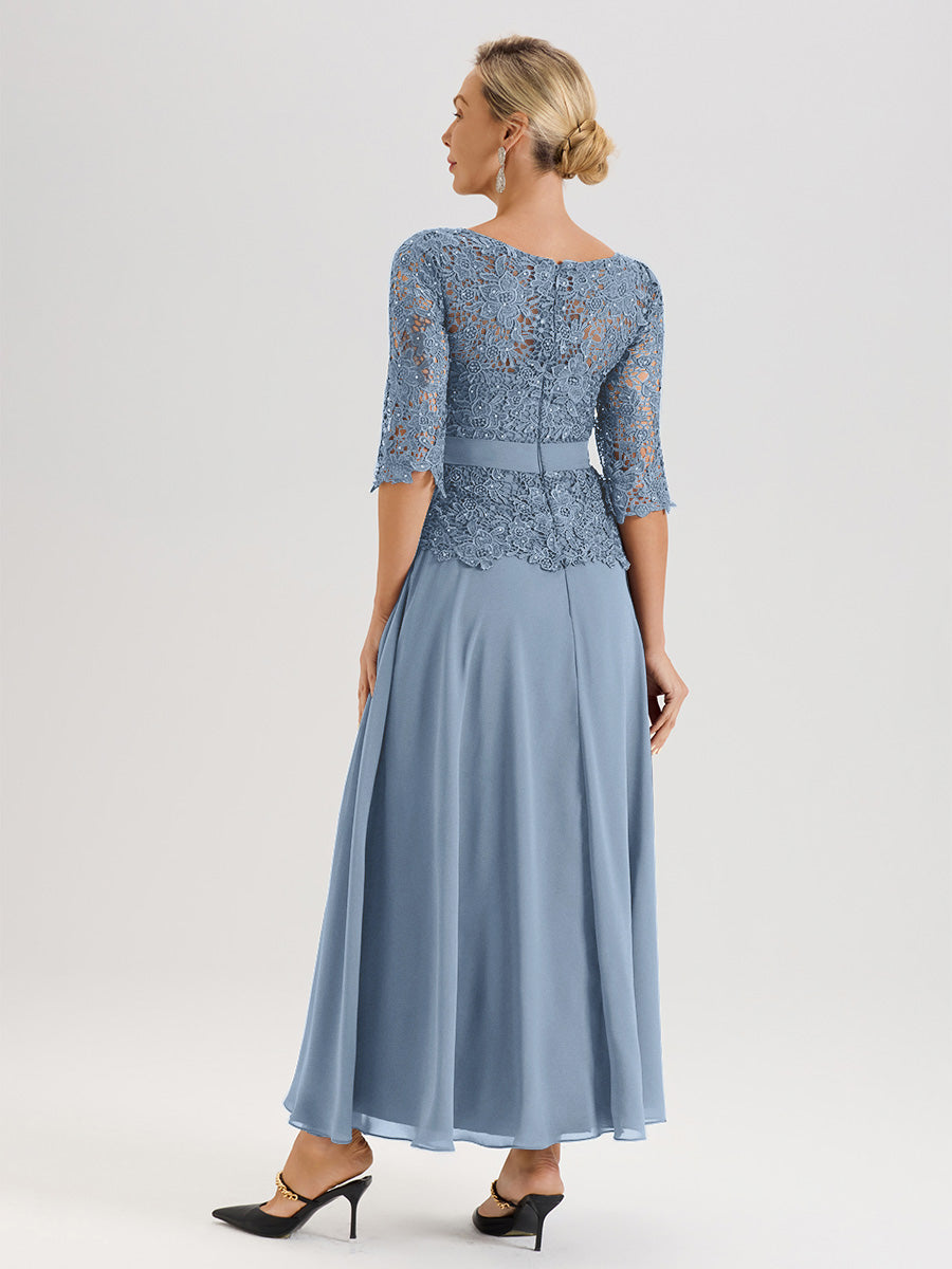 Cicinia Slate Blue Mother Of The Bride Dress Long Chiffon Lace A-line Silver Rhinestones