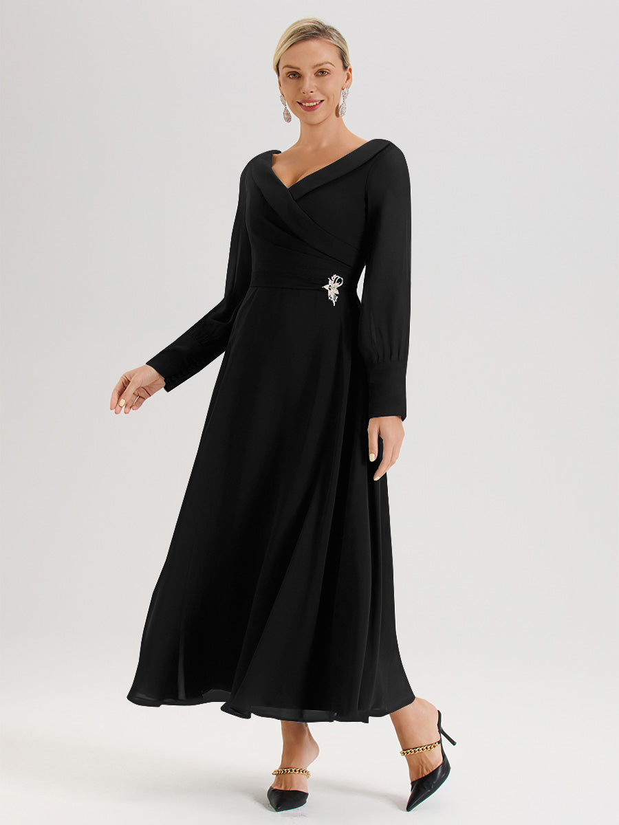 Cicinia Black Mother Of The Bride Dress Chiffon A-line Long Sleeves With Silver Jewelry