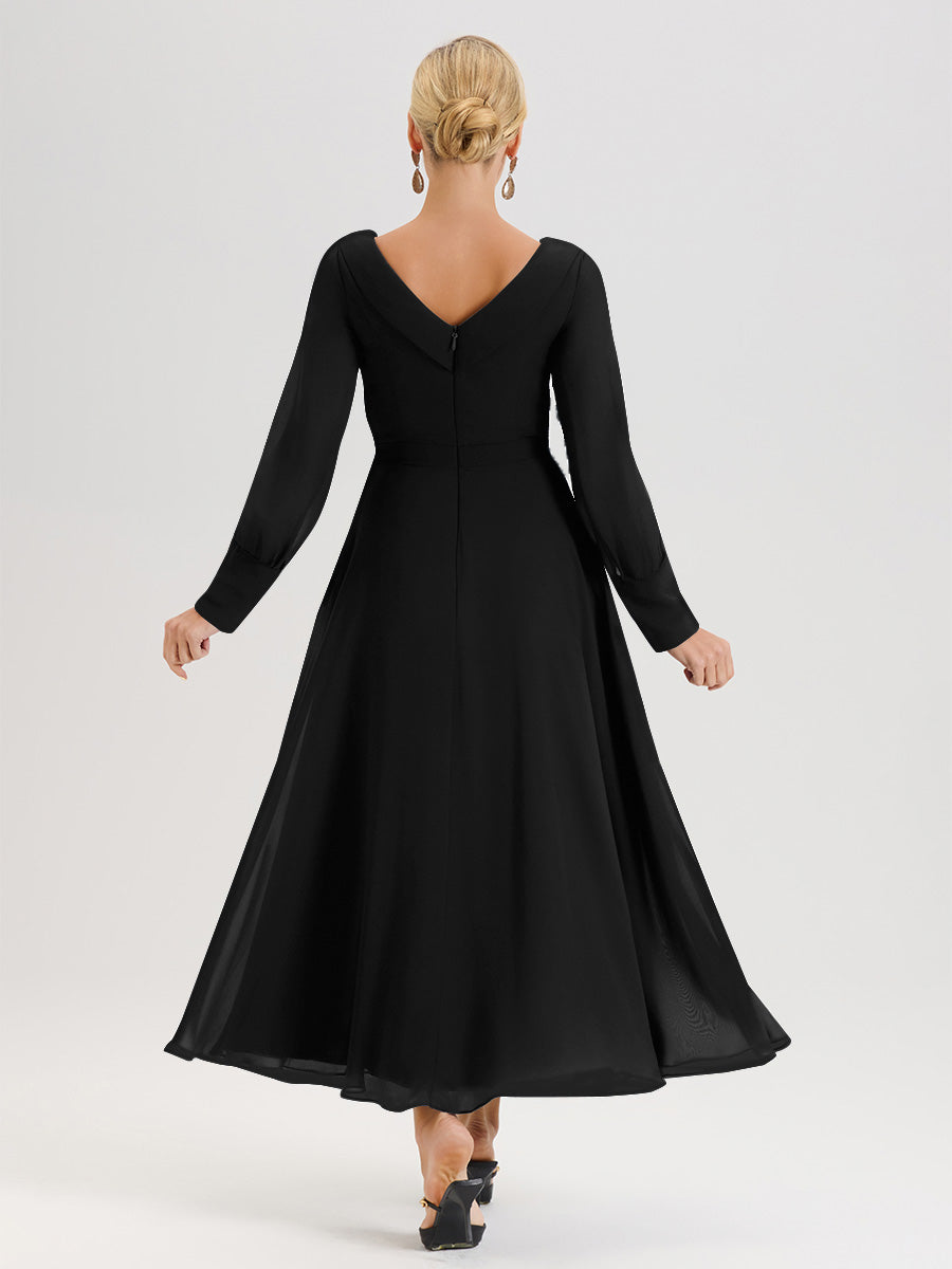 Cicinia Black Mother Of The Bride Dress Chiffon A-line Long Sleeves With Silver Jewelry