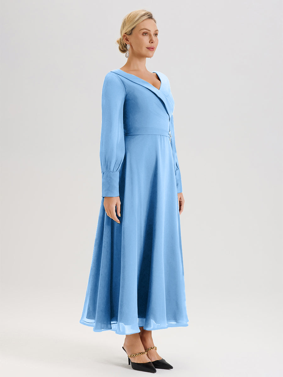 Cicinia Blue Mother Of The Bride Dress Chiffon A-line Long Sleeves With Silver Jewelry