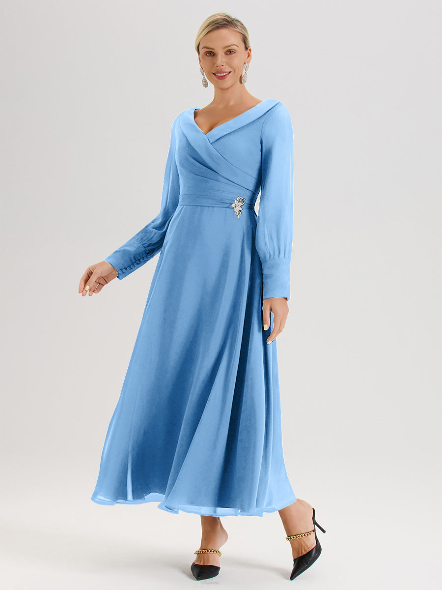 Cicinia Blue Mother Of The Bride Dress Chiffon A-line Long Sleeves With Silver Jewelry