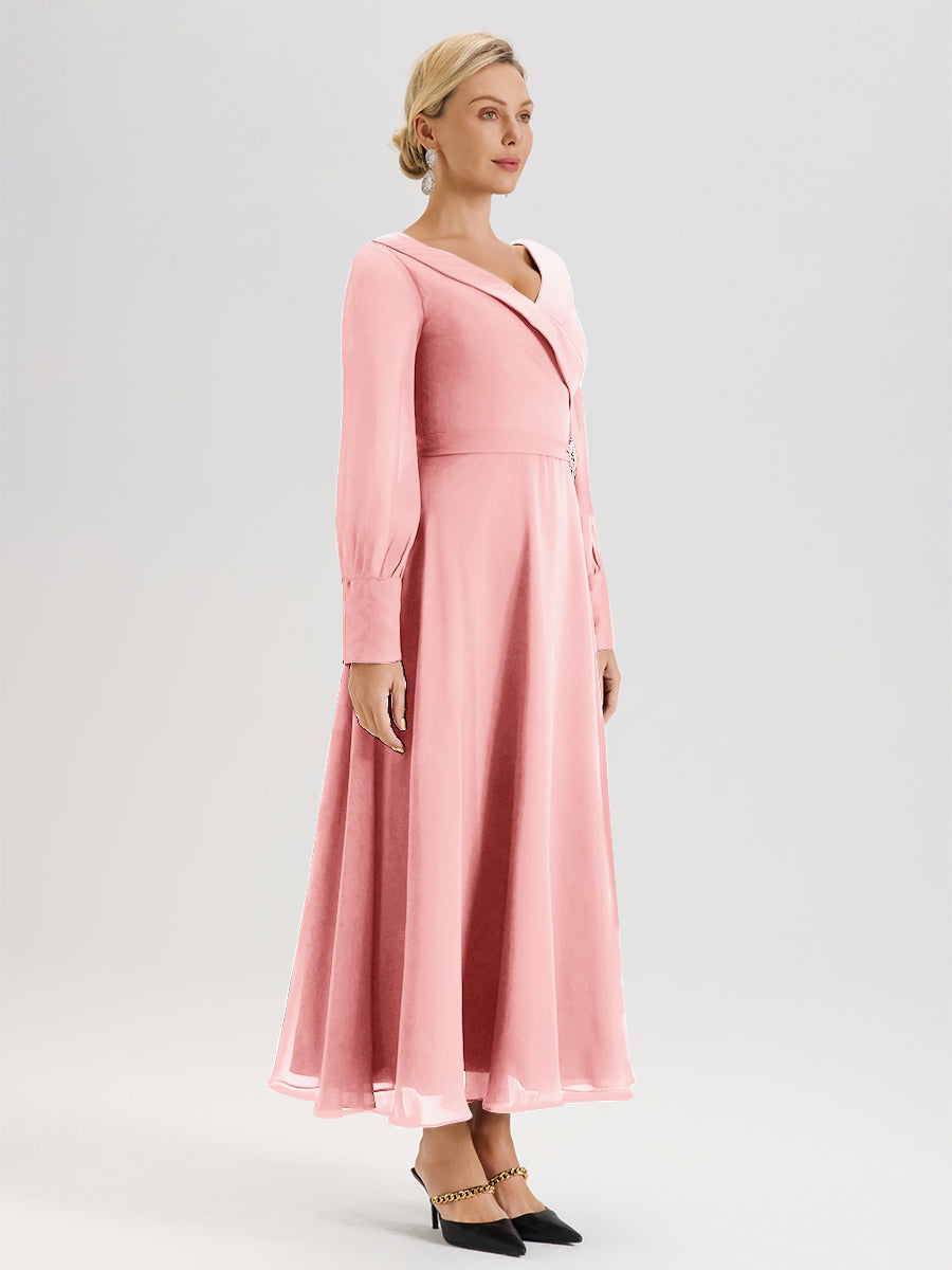Cicinia Blush Mother Of The Bride Dress Chiffon A-line Long Sleeves With Silver Jewelry