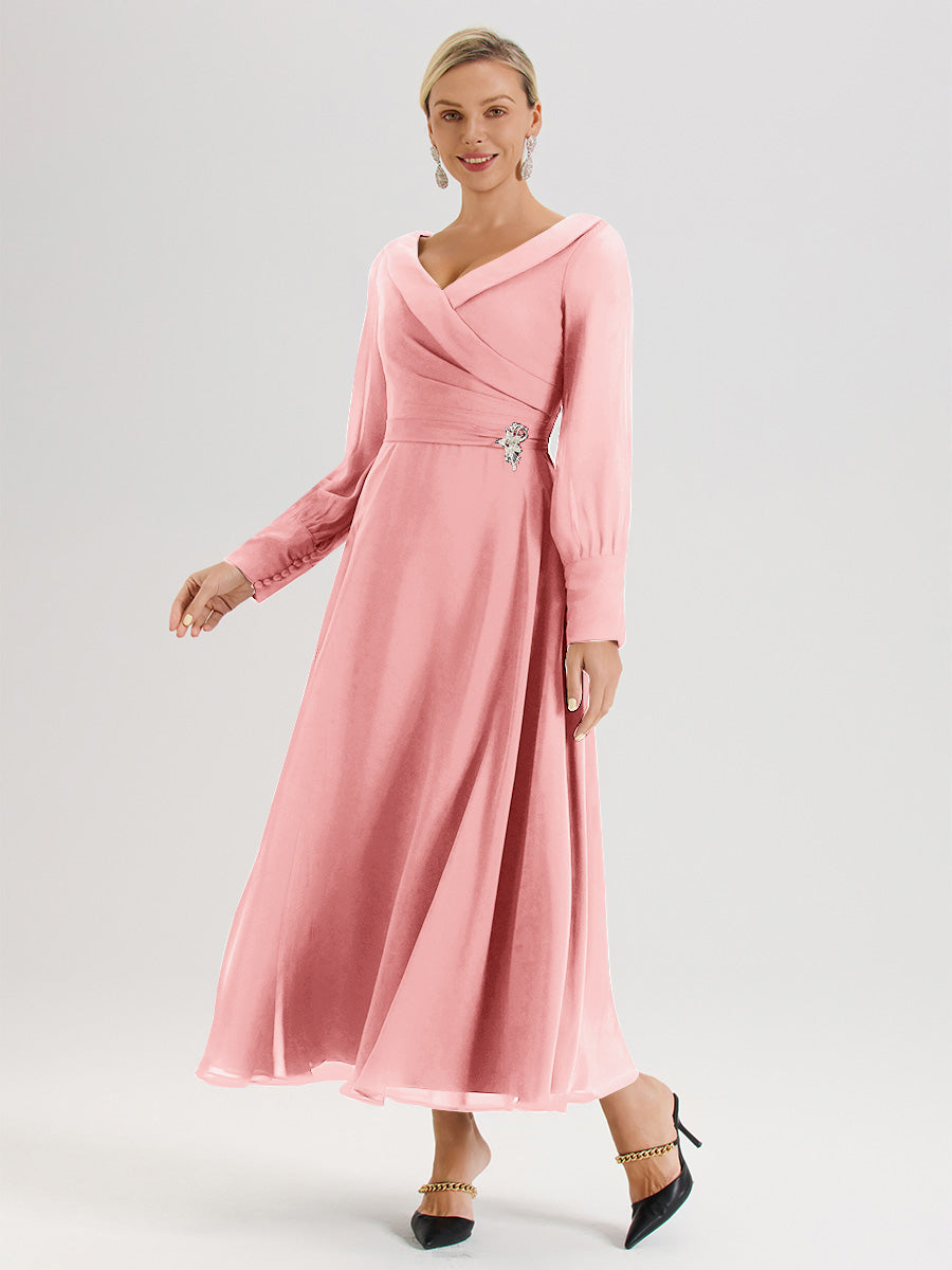 Cicinia Blush Mother Of The Bride Dress Chiffon A-line Long Sleeves With Silver Jewelry