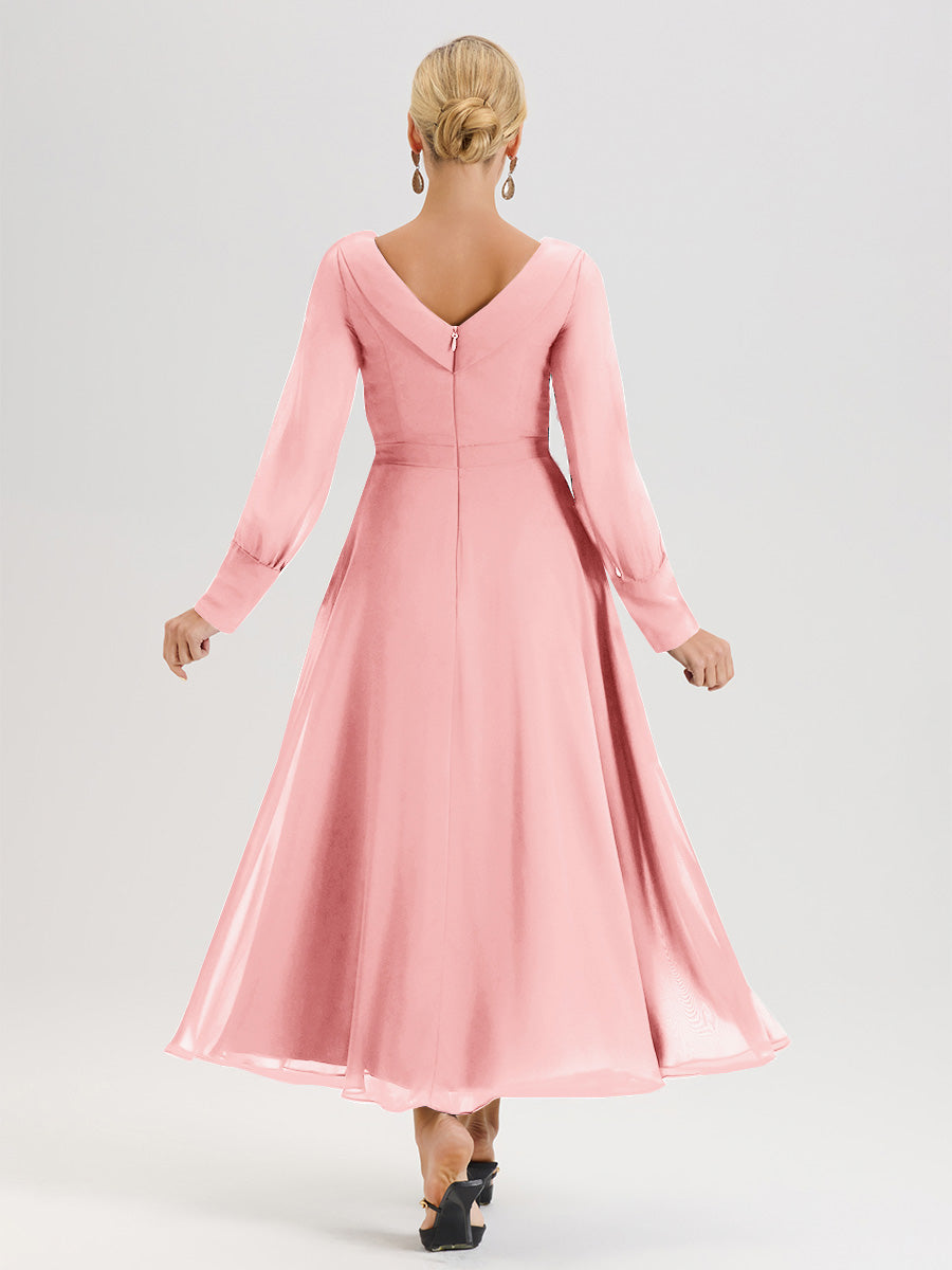 Cicinia Blush Mother Of The Bride Dress Chiffon A-line Long Sleeves With Silver Jewelry