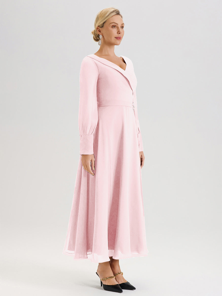 Cicinia Blushing Pink Mother Of The Bride Dress Chiffon A-line Long Sleeves With Silver Jewelry