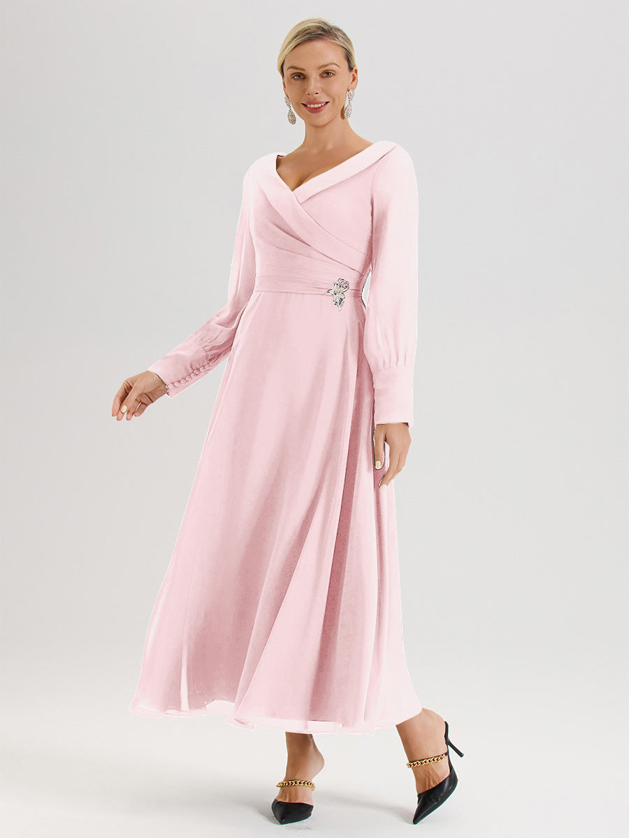 Cicinia Blushing Pink Mother Of The Bride Dress Chiffon A-line Long Sleeves With Silver Jewelry