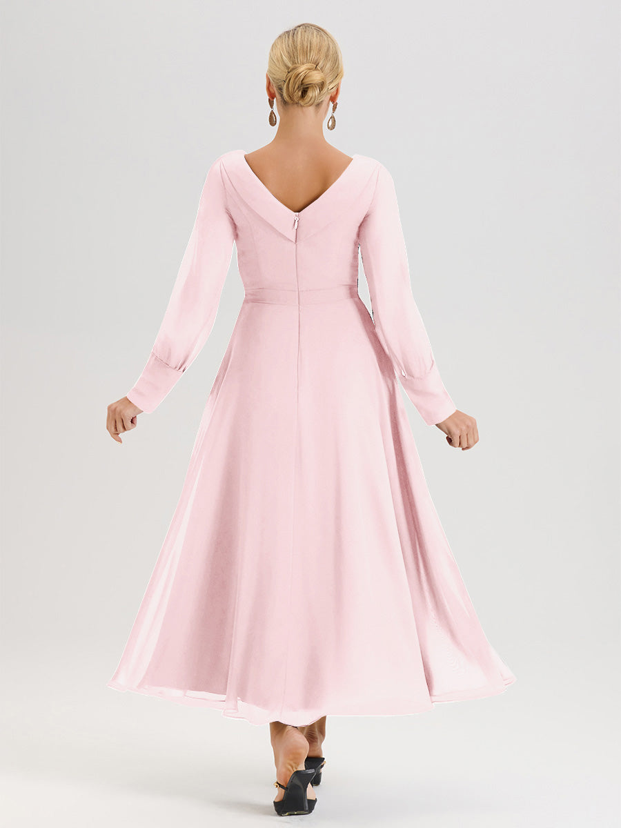 Cicinia Blushing Pink Mother Of The Bride Dress Chiffon A-line Long Sleeves With Silver Jewelry