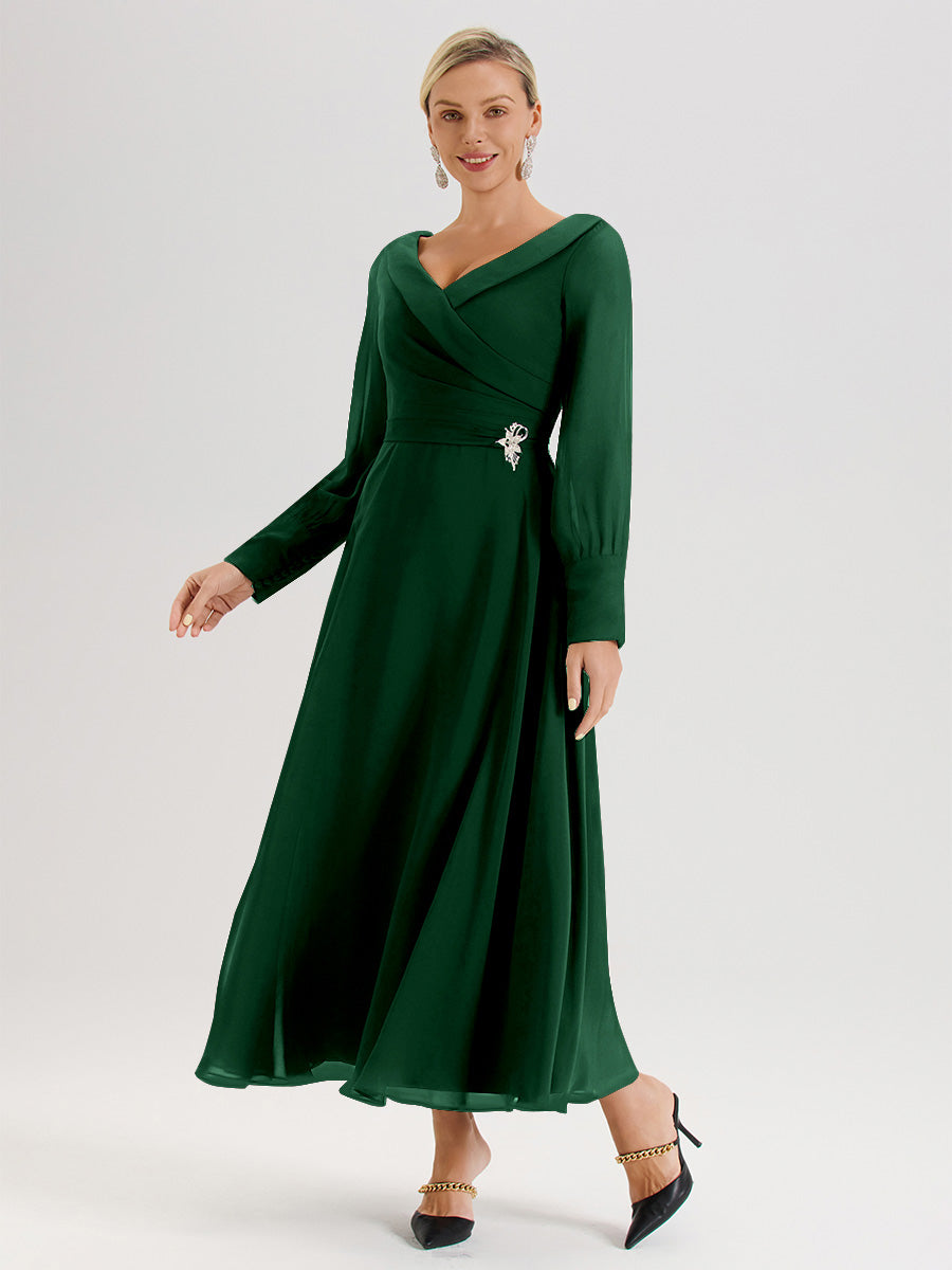 Cicinia Dark Green Mother Of The Bride Dress Chiffon A-line Long Sleeves With Silver Jewelry
