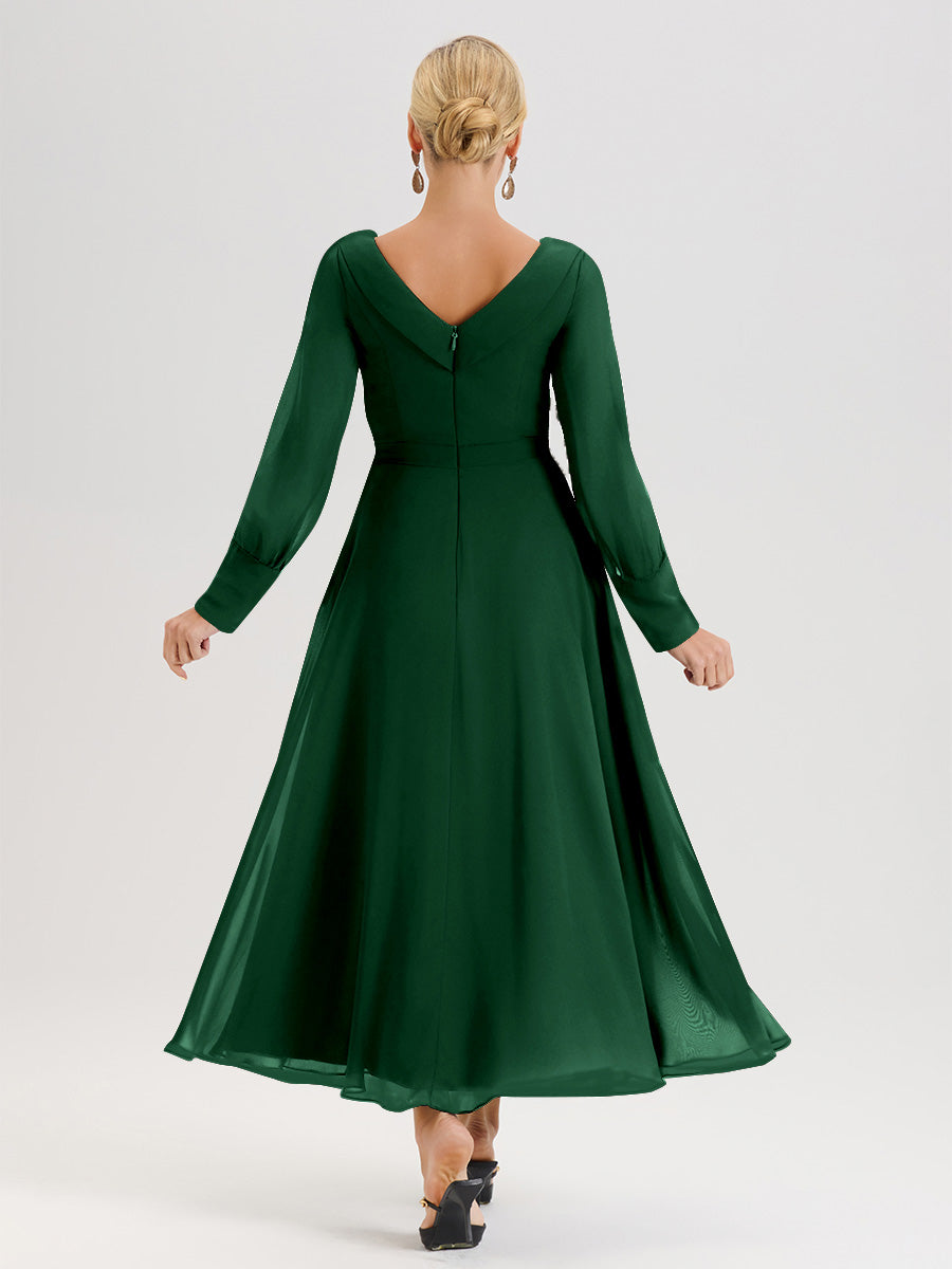 Cicinia Dark Green Mother Of The Bride Dress Chiffon A-line Long Sleeves With Silver Jewelry