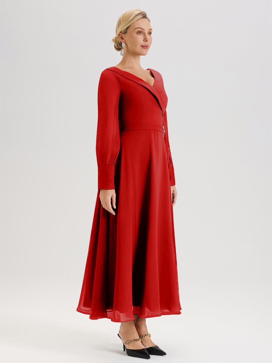 Cicinia Red Mother Of The Bride Dress Chiffon A-line Long Sleeves With Silver Jewelry