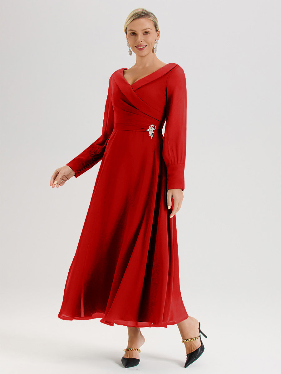 Cicinia Red Mother Of The Bride Dress Chiffon A-line Long Sleeves With Silver Jewelry
