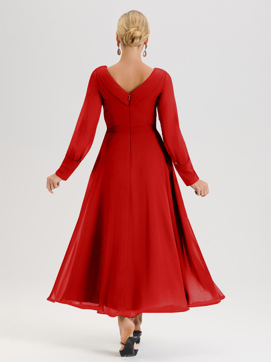 Cicinia Red Mother Of The Bride Dress Chiffon A-line Long Sleeves With Silver Jewelry
