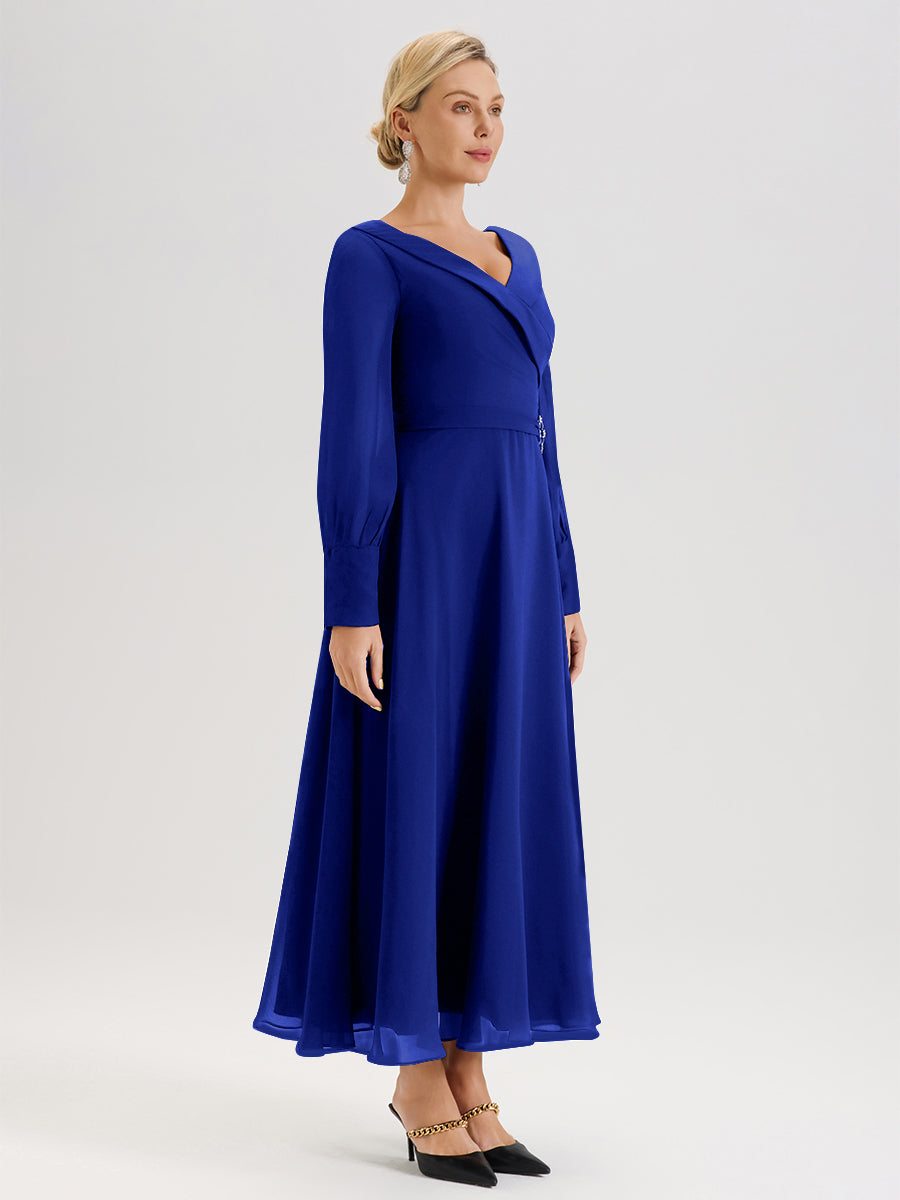 Cicinia Royal Blue Mother Of The Bride Dress Chiffon A-line Long Sleeves With Silver Jewelry