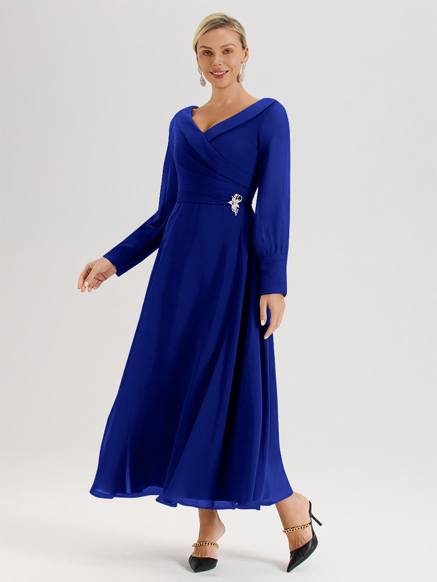 Cicinia Royal Blue Mother Of The Bride Dress Chiffon A-line Long Sleeves With Silver Jewelry