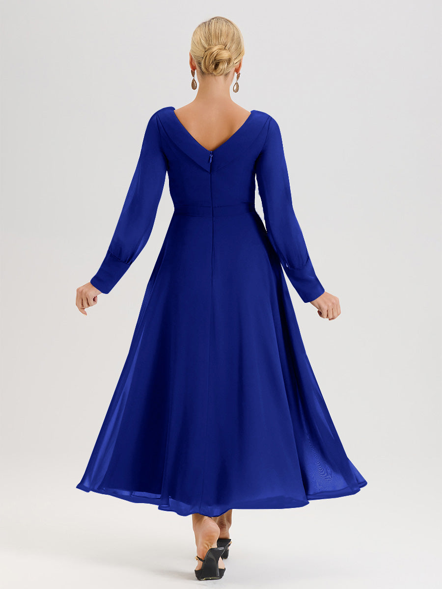 Cicinia Royal Blue Mother Of The Bride Dress Chiffon A-line Long Sleeves With Silver Jewelry