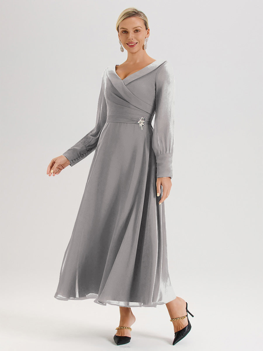 Cicinia Silver Mother Of The Bride Dress Chiffon A-line Long Sleeves With Silver Jewelry