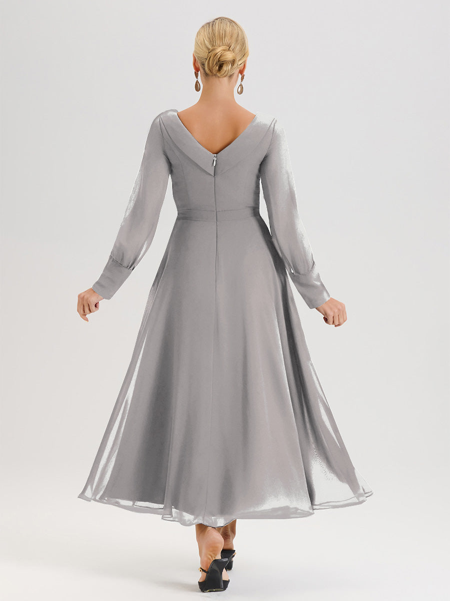 Cicinia Silver Mother Of The Bride Dress Chiffon A-line Long Sleeves With Silver Jewelry