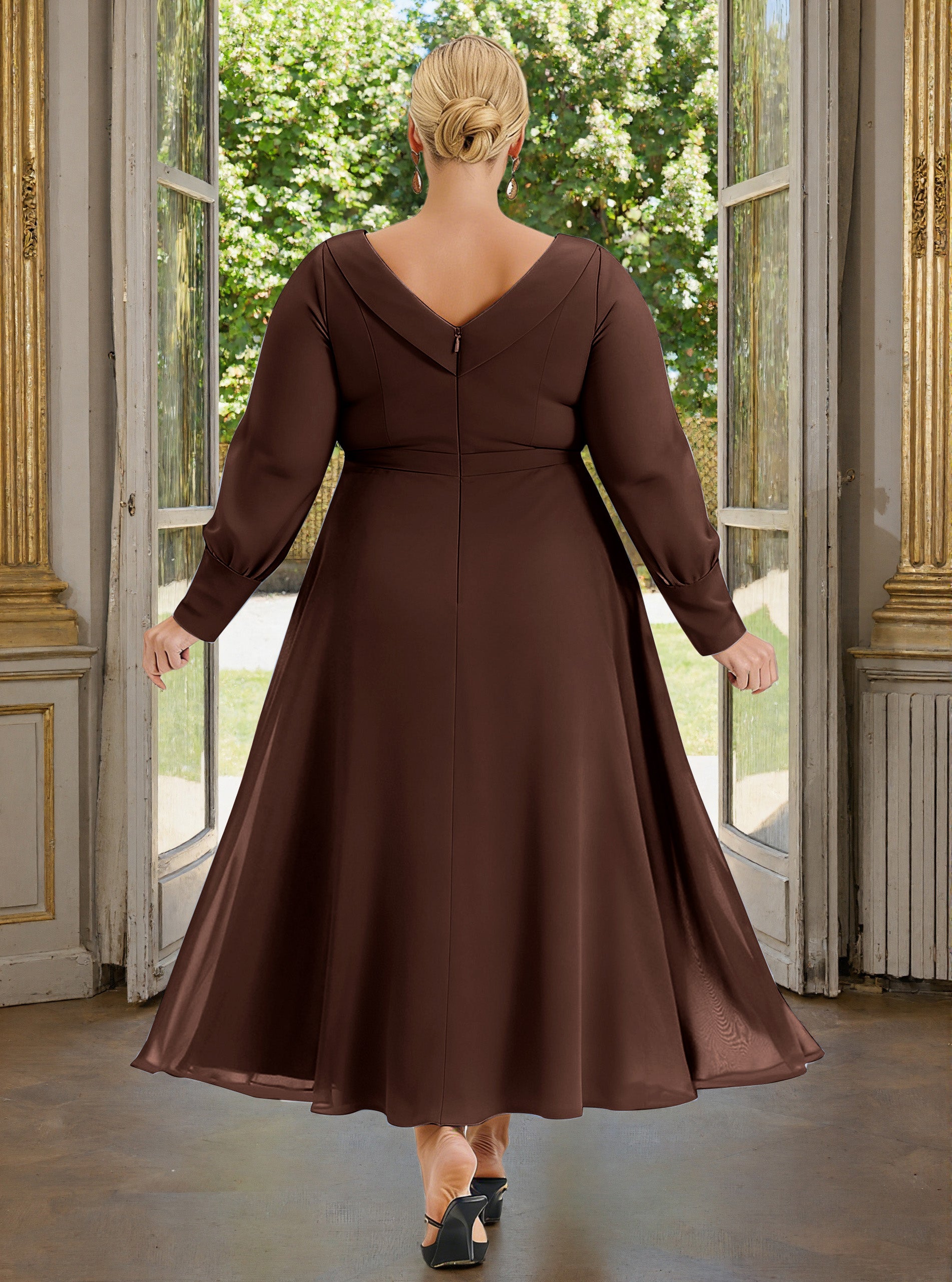 Cicinia Chocolate Mother Of The Bride Dress With Sleeves Plus Size Long Chiffon A-line Ankle Length Shawl Collar