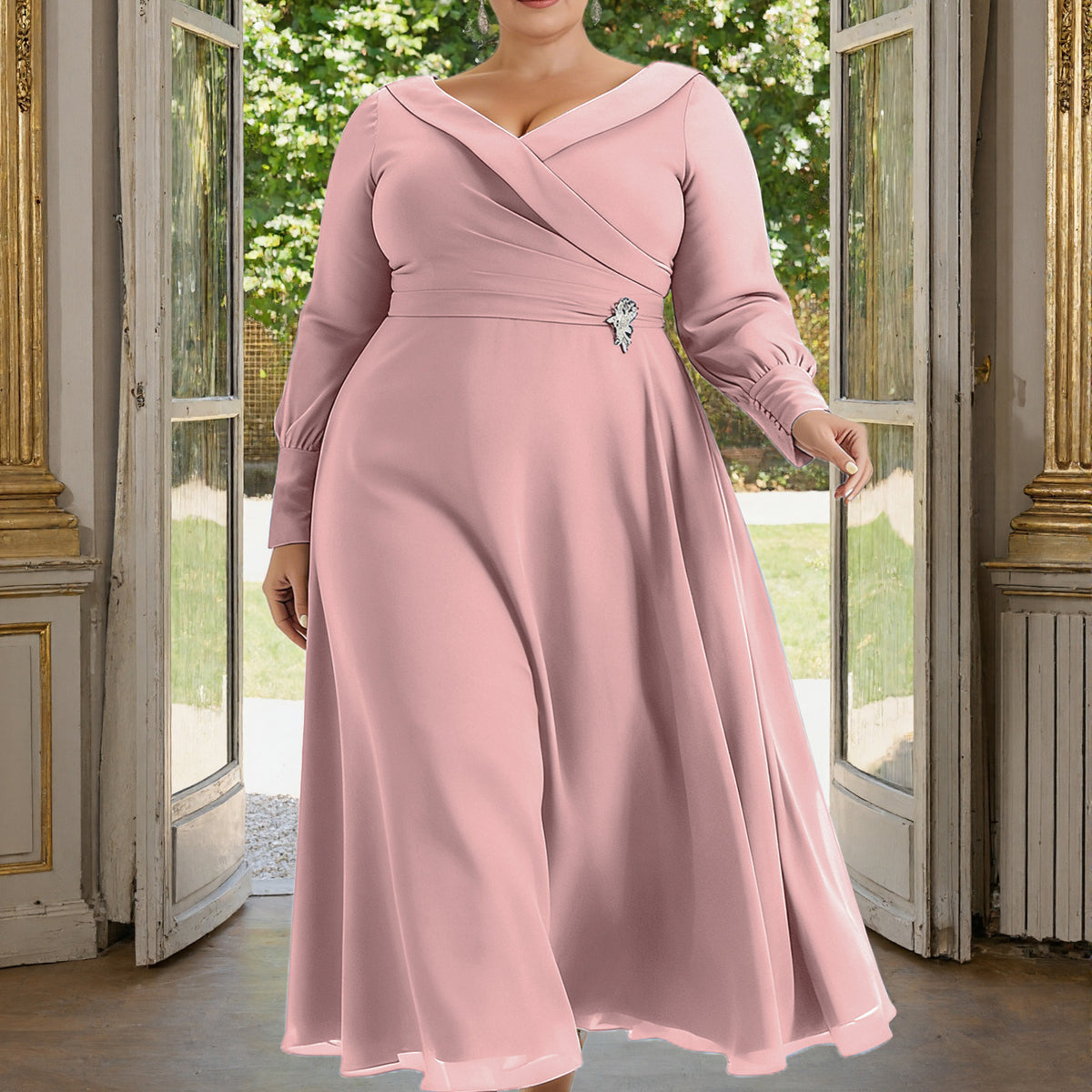 Cicinia Dusty Rose Mother Of The Bride Dress With Sleeves Plus Size Long Chiffon A-line Ankle Length Shawl Collar