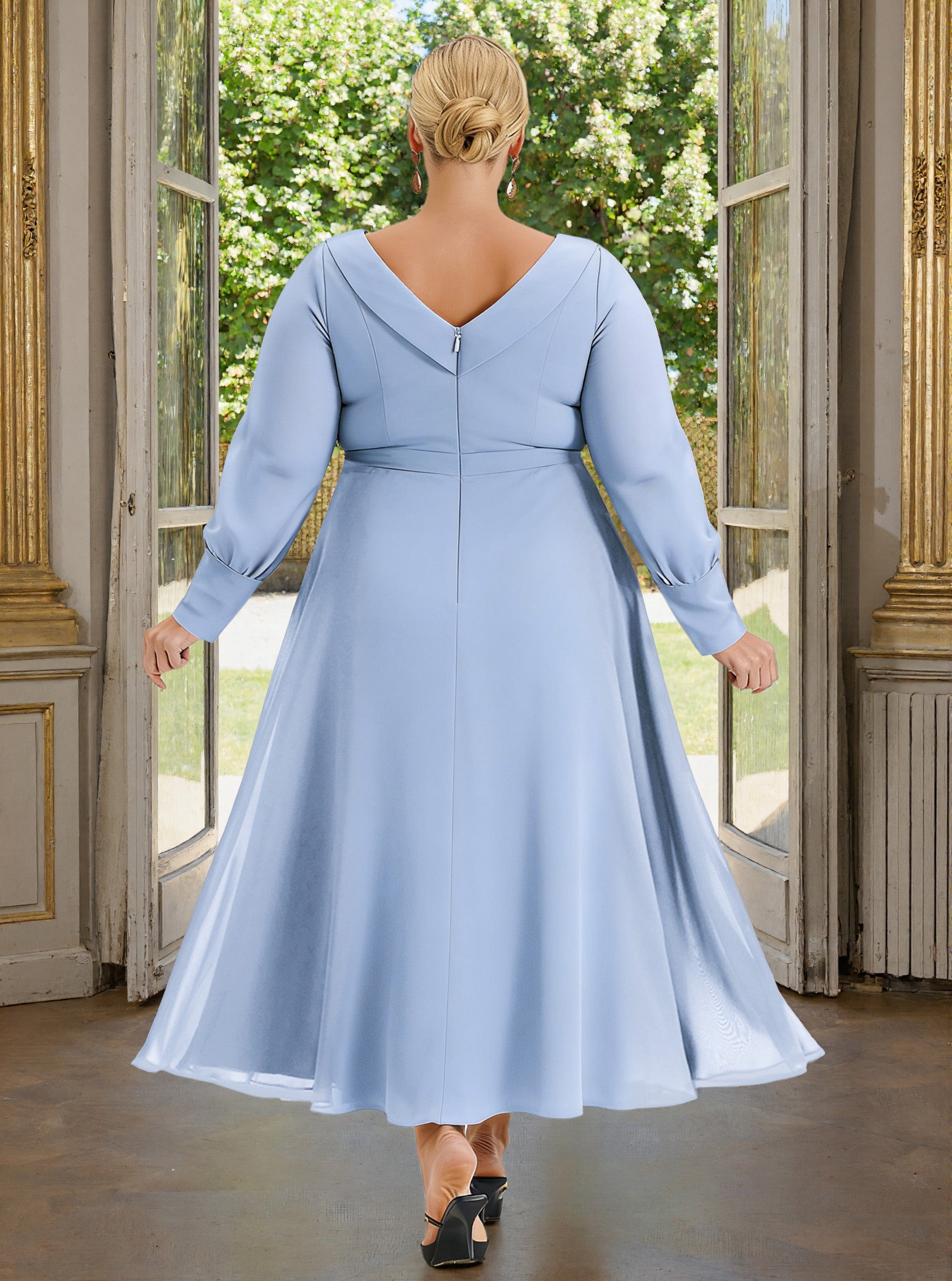 Cicinia Sky Blue Mother Of The Bride Dress With Sleeves Plus Size Long Chiffon A-line Ankle Length Shawl Collar Cicinia Sky Blue Mother Of The Bride Dress With Sleeves Plus Size Long Chiffon A-line Ankle Length Shawl Collar